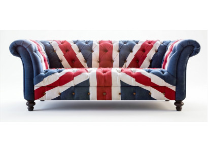 Chesterfield 3-Sitzer Sofa Union Jack Dunkelblau Leder British Classic