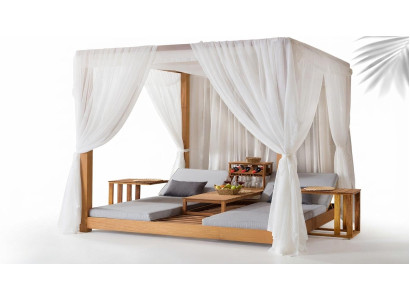 Luxus Sonneninsel Lounge-Bett Beige Holz mit Baldachin Garten