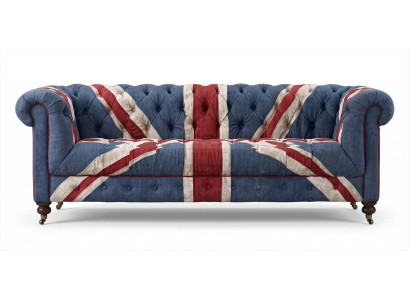 3-Sitzer Sofa Chesterfield Union Jack Samt British Vintage Retro Blau