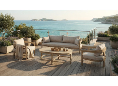 Beiges Garten Lounge Set 3-Sitzer 2 Sessel Couchtisch Holz Design