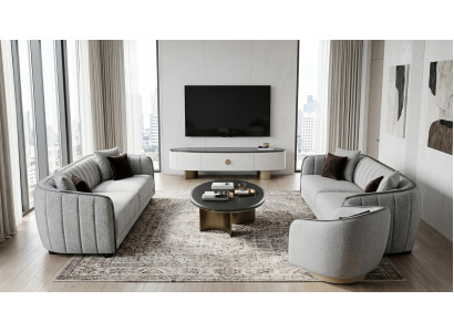 Moderner Grauer Holz Sofagarnitur 3-Sitzer Sessel Couchtisch Lowboard