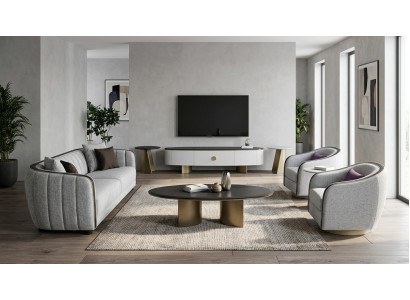Moderner Grauer Holz Sofagarnitur 3-Sitzer Sessel Couchtisch Lowboard