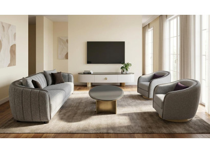 Modernes Grau Holz Wohnzimmergarnitur 3-Sitzer Sessel TV-Lowboard