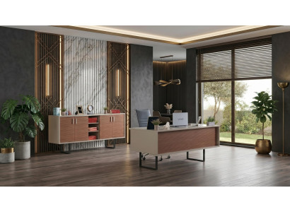Braun-beiges Büro-Set großer Schreibtisch Schrank modern Arbeitszimmer
