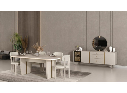 Modernes Esszimmer Set Esstisch 4x Stühle Beige Holz Sideboard Spiegel