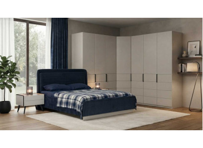 Schlafzimmer Set Bett Nachttisch Eckschrank Modern Blau Beige Edel