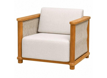 Moderner Loungesessel Beige Holz Geflecht Polstersessel Terrasse