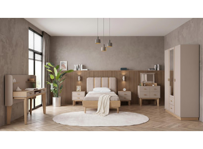 Beiges Jugendzimmer Bett Nachttische Kleiderschrank Kommode, Schreibtisch