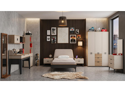 Beiges Jugendzimmer Bett Kleiderschrank Kommode Nachttische Schreibtisch