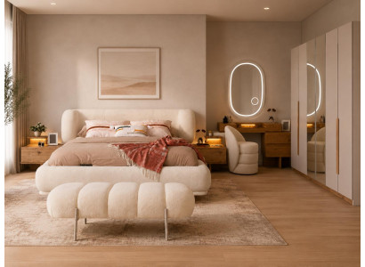 Schlafzimmer Set Bettanlage Schrank Schminkplatz Bank Modern Beige