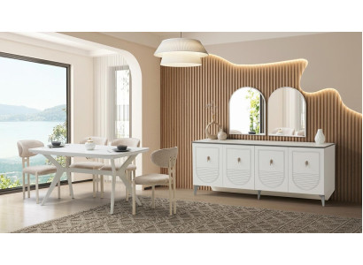 Skandi Esszimmer Set Weiß Holz Metall Esstisch Stühle Sideboard TV