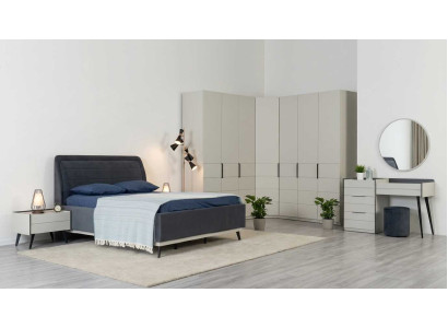 Schlafzimmer Set Bett Nachttisch Eckschrank Modern Blau Beige Edel