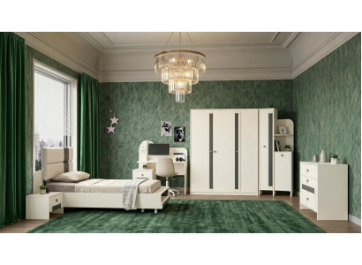Minimalistisches Jugendzimmer Set Weiß Holz Metall Bett Schrank Tisch