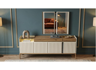 Exklusives Weißes Sideboard mit Spiegel Riffeloptik Holz Modern