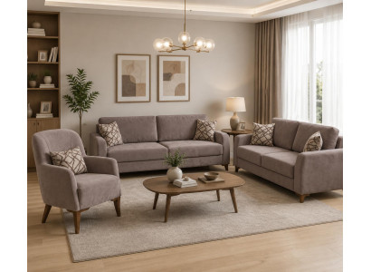 Sofa Set Beige 3+3+1-Sitzer Textil Holz Modern Einfarbig Zeitgenössisch