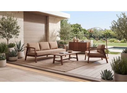 Terrasse 3-Sitzer Gartensofa Beige Holzgestell mit Couchtisch