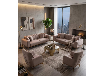 Beige Wohnzimmer Polstergarnitur 3 Sitzer Sofas Stoffsessel 4tlg