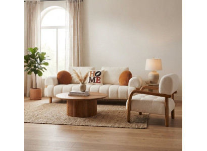 Wohnzimmer-Set 3 Sitzer Sofa Sessel Zartem Weißem Bezug Holzbeinen