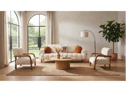 Wohnzimmer-Set 3 Sitzer Sofa 2x Sessel Zartem Weißem Bezug Holzbeinen