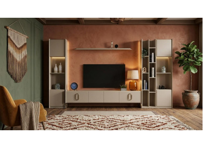 Exklusives Wohnzimmer Set Beige Modern TV Lowboard Schrank Wandregal