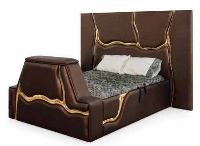 Braunes Kunstlederbett Luxus Bett Gold Akzente Kopfteil Doppelbett Modern