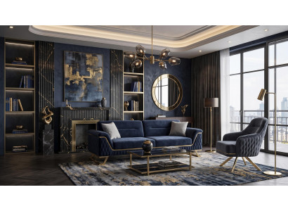 Stilvolles Lounge Set 3-Sitzer Sofa Sessel Goldene Details