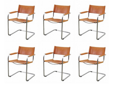 6x Freischwinger Esszimmerstühle Leder Chrom Armlehnen Bauhaus Modern