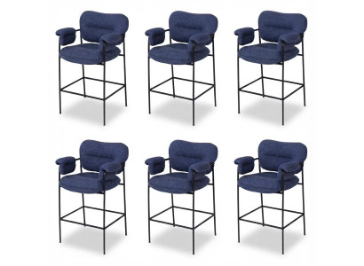 6x Barhocker Blau Schwarz Gepolstert Metall Armlehnen Fußstütze Modern