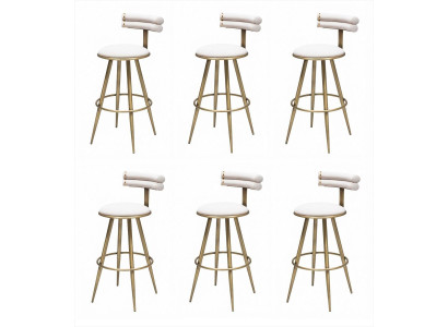 6x Barhocker Weiß Gold Leder Metall Fußring Rückenlehne Modern Elegant