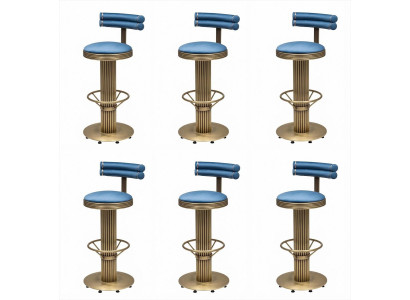 6x Barhocker Blau Gold Leder Metall Fußring Rückenlehne Modern Elegant