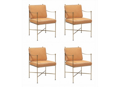 4x Stühle Orange Gold Leder Metall Armlehnen Gepolstert Modern Design