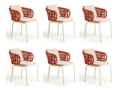 6x Stühle Beige Orange Modern Textil Metall Esszimmer Küche Lounge Set