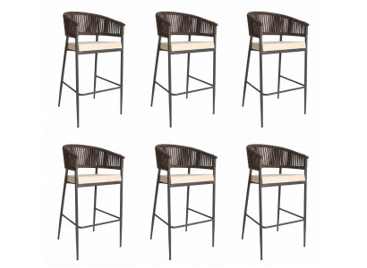 6x Barhocker Schwarz Metallgestell Braun Seilgeflecht Beige Polster Modern