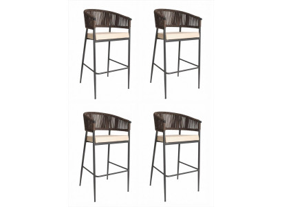 4x Barhocker Schwarz Metallgestell Braun Seilgeflecht Beige Polster Modern