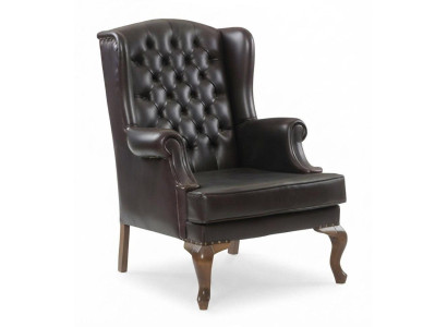Braun Chesterfield Ohrensessel Klassisches Design Holzbeine Lederoptik