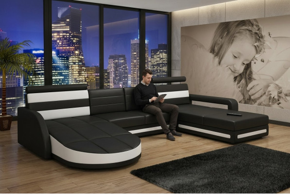 Living Landscape Couch Set Design Corner Couch Brown-Beige Leather Sofa XXL Corner Sofa