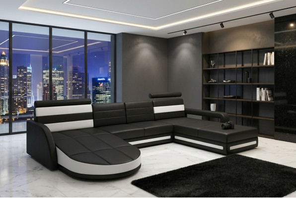 Living Landscape Couch Set Design Corner Couch Brown-Beige Leather Sofa XXL Corner Sofa