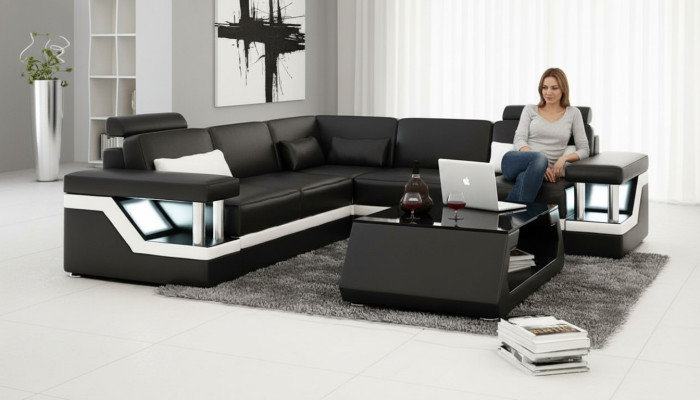 LEATHER SOFA XXL SUITE LIVING LANDSCAPE CORNER COUCH LEATHER CORNER SOFA BLACK / WHITE