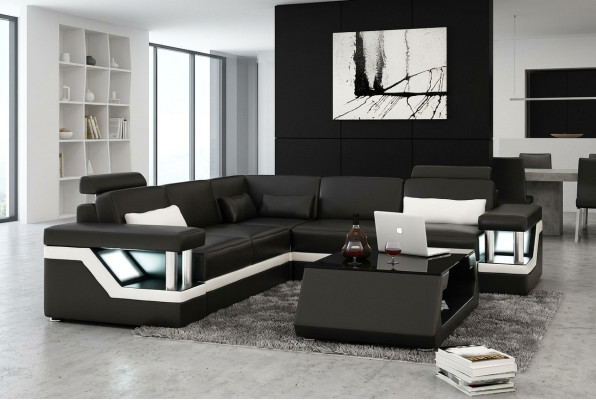 LEATHER SOFA XXL SUITE LIVING LANDSCAPE CORNER COUCH LEATHER CORNER SOFA BLACK / WHITE