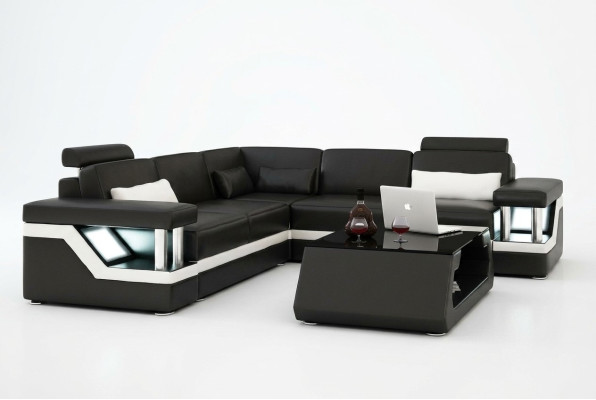 LEATHER SOFA XXL SUITE LIVING LANDSCAPE CORNER COUCH LEATHER CORNER SOFA BLACK / WHITE