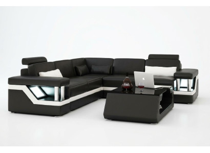 LEATHER SOFA XXL SUITE LIVING LANDSCAPE CORNER COUCH LEATHER CORNER SOFA BLACK / WHITE