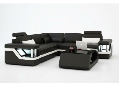 LEATHER SOFA XXL SUITE LIVING LANDSCAPE CORNER COUCH LEATHER CORNER SOFA BLACK / WHITE