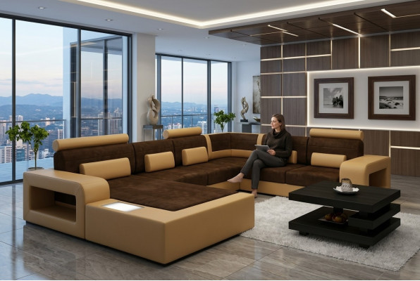Sofa Set Fabric Textile Leather Sofa with Lighting Living Landscape Couch!