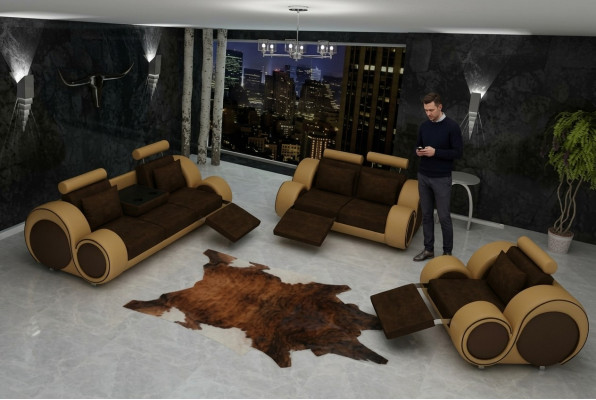 Sofa Set Upholstered Sofa Couch Leather Set Living Landscape 3+2+1 Textile BER