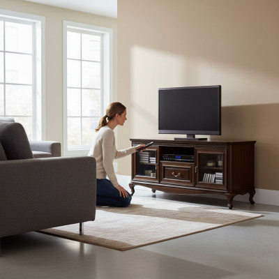 An elegant multimedia stand for televisions and media devices in the style of a modern, minimalist aesthetic.