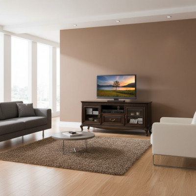 An elegant multimedia stand for televisions and media devices in the style of a modern, minimalist aesthetic.