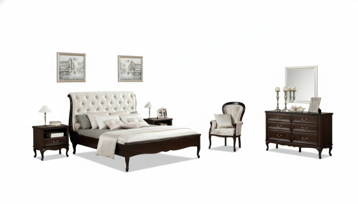 Complete bedroom: bed, double bed, nightstands, chest of drawers, armchair, Chippendale Royal