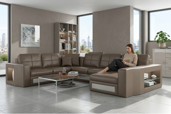Sectional leather sofa big XXL U shape living landscape sofa couch set new H2210