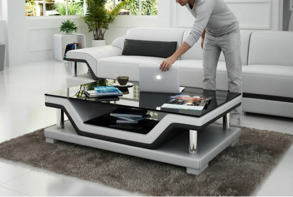 Designer coffee table, upholstered table, leather, glass, modern tables #SB3009
