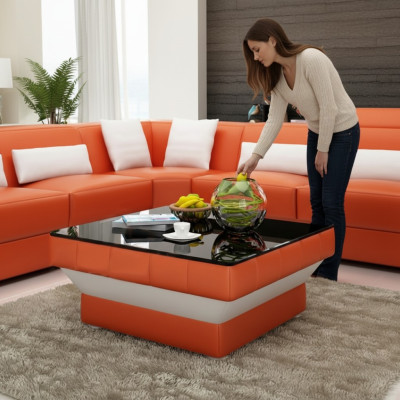 Designer coffee table, upholstered table, leather, glass, modern tables #8009